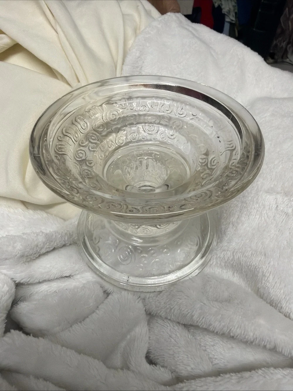 Clear Glass Pillar Candle Holder with White Taper Candle Vtg swirl